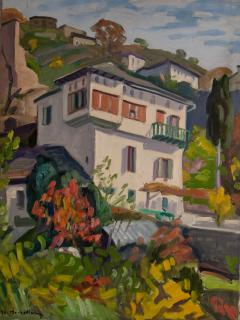 Makrinitsa, Manor House Looking Up — Oil painting, Canvas, 46.00×61.00cm — Theodoros Markellos
